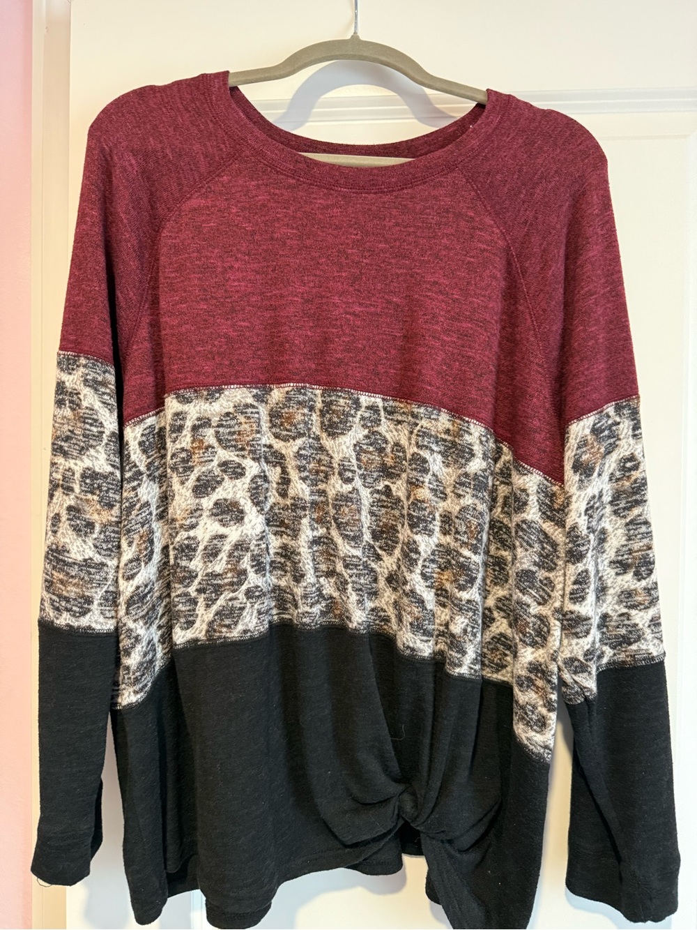Colorblock Leopard Knot-Front Pullover - Burgundy/Black